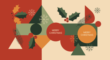 Geometric Christmas Card Design with Holly and Snowflakes.