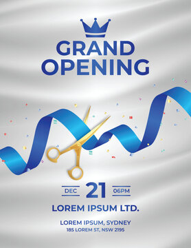 Modern blue ribbon grand opening background with gold scissors for business promotion
