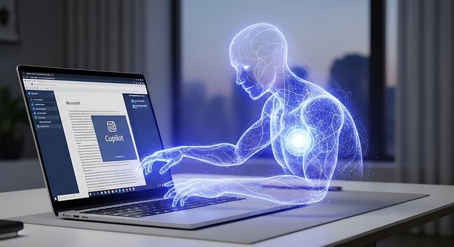 AI Humanoid Interacting with Microsoft Copilot on Laptop