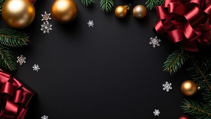 Fondo para campa&ntilde;a de Navidad con decoraci&oacute;n navide&ntilde;a. Bolas doradas con copos de nieve y lazos rojos. con espacio para texto