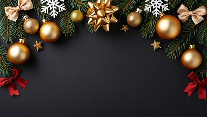 Composición festiva elegante en negro mate con ornamentos dorados, copos blancos y cintas rojas, mockup para tarjeta, flyer o publicidad con copyspace