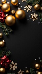 Fondo de navidad con marco festivo de ramas de abeto,  lazos rojos, bolas rojas y copos de nieve dorados. Espacio para texto