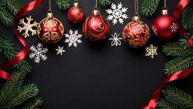 Marco festivo de lujo con bolas rojas con grabados dorados, copos blancos de nieve y lazos rojos en superficie oscura, dise&ntilde;o para promociones navide&ntilde;as con espacio para texto