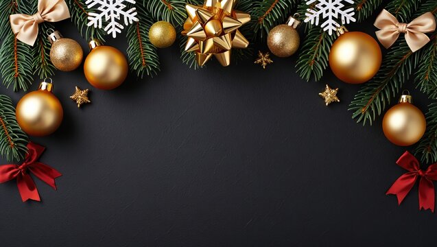 Composici&oacute;n festiva elegante en negro mate con ornamentos dorados, copos blancos y cintas rojas, mockup para tarjeta, flyer o publicidad con copyspace