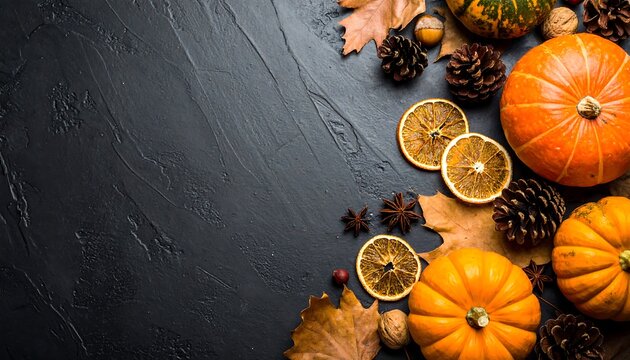 Autumn Harvest Still Life with Pumpkins and Dried Citrus.