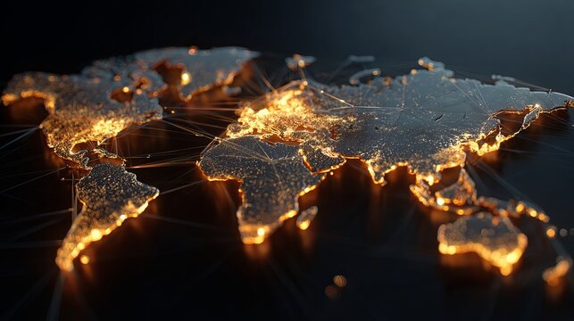 Global network illuminating a connected world for international business, trade, and technology solutions with an elegant, modern design aesthetic