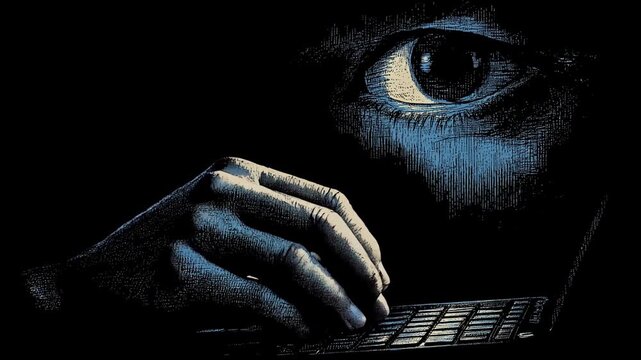 digital surveillance online observation. orwell 1984 style. hand is typing on keyboard in dark room. big brother all seeing eye is watching