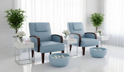 Serene luxury spa or salon interior featuring two comfortable blue chairs and soothing foot soak bowls with rose petals for relaxation and wellness.