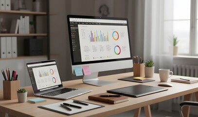 Modern office desk with computer monitor and laptop displaying financial charts, ideal for business data analysis, workplace, and remote working.
