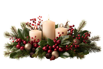 Classic holiday decoration element set with greenery and candles, isolated on transparent background. 