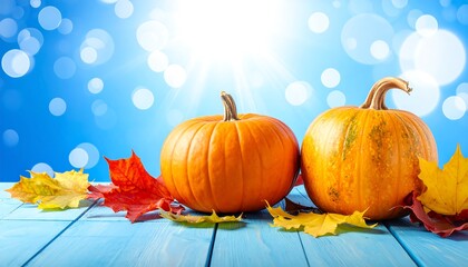 Two pumpkins and autumn leaves on blue wooden surface.