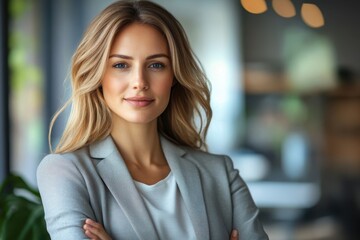 Obraz premium A professional woman with long hair confidently poses in a modern office setting during the day