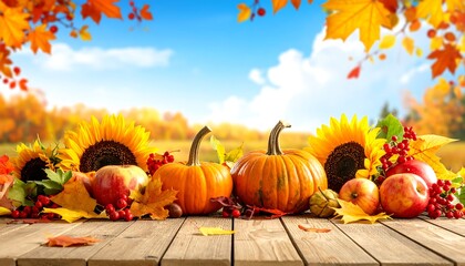 Autumn Harvest - Pumpkins, Sunflowers, and Apples on Wooden Table.