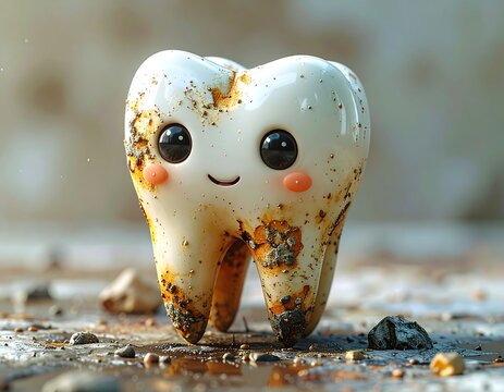 Animated tooth character with brown stains & large eyes stands on a dirty surface