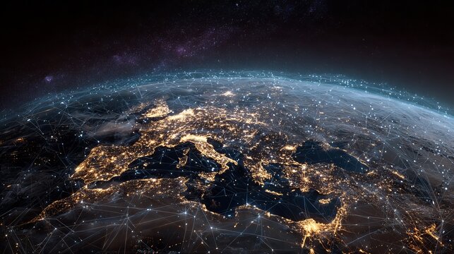 Stunning global network visualization connects glowing cities across Earth's surface at night, showcasing digital connectivity and data flow