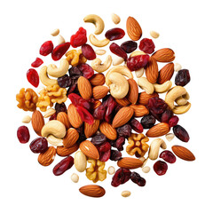 Overhead View of Mixed Nuts and Dried Fruits Trail Mix Snack isolated on transparent background