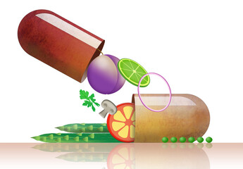 Fruits and vegetables are the best medicine for good health and are seen pouring out of a pill capsule in a 3-d illustration.