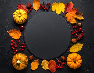 Autumnal Still Life with Pumpkins, Leaves, and Berries on Dark Background.