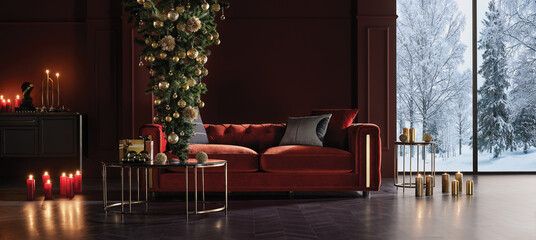 Panoramic banner of a festive Christmas living room. Red sofa, upside-down tree, and snowy window....