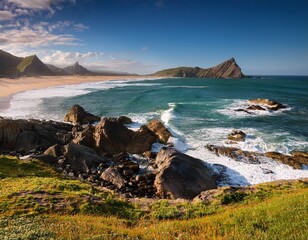 coastal landscape with rocky shore and beach