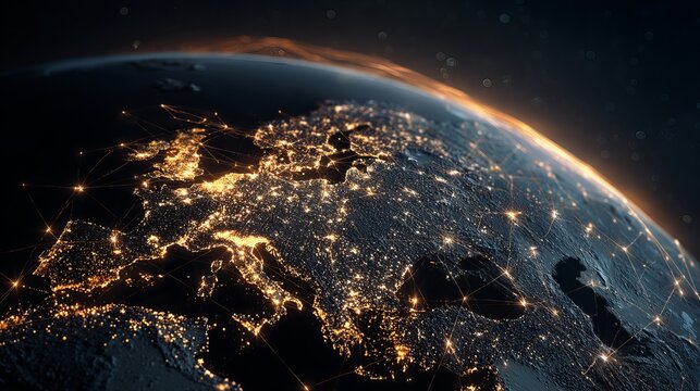 Global network of glowing lights illuminating continents at night representing connectivity and modern technology across Earth