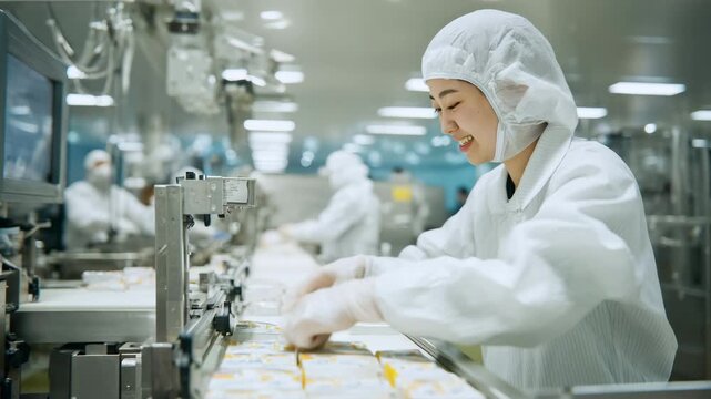 女性が食品工場で包装作業を行う