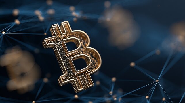 Gleaming golden Bitcoin symbol pulsates with digital energy against a dark, abstract network background, representing financial technology and global connectivity - Powered by Adobe