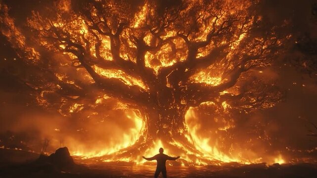 Silhouette stands before a colossal, burning tree engulfed in flames and smoke