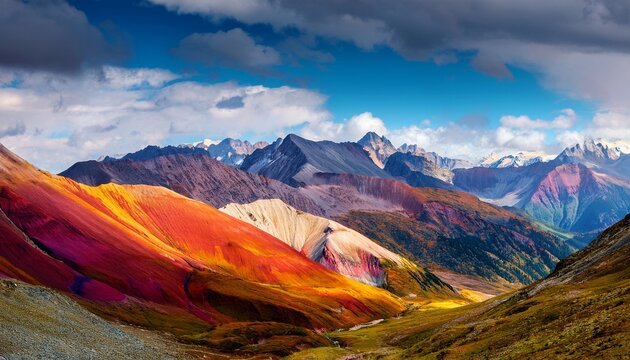 colorful mountain range under a partly cloudy sky