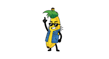 A cool and rebellious cartoon banana character rocks a denim vest, spiked collar, sunglasses, and green mohawk, striking an energetic pose on a white background.