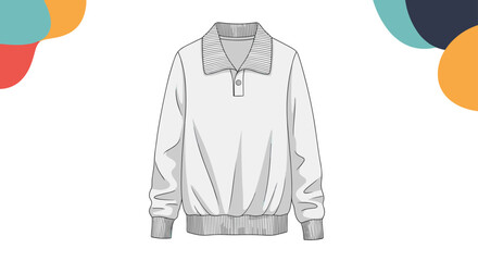 White long-sleeved polo sweatshirt flat technical drawing, featuring a classic collar, two-button placket, and ribbed cuffs and hem for casual wear.
