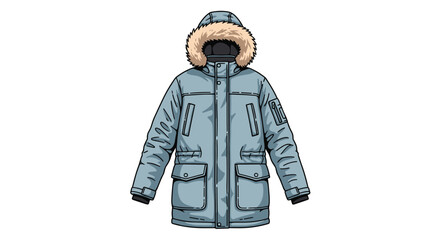 A stylish light blue winter parka jacket, designed for extreme cold weather protection, features a warm fur-lined hood and multiple functional pockets.