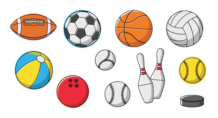 Obraz premium A vibrant collection of various sports balls and equipment, including footballs, basketballs, and more, ready for playing and recreation.