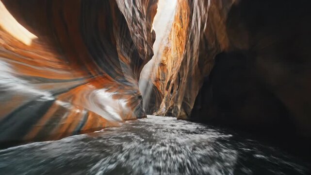 Ethereal light cascades upon the intricately carved sandstone walls of a deep, winding slot canyon, revealing nature's powerful artistry and ancient geological patterns