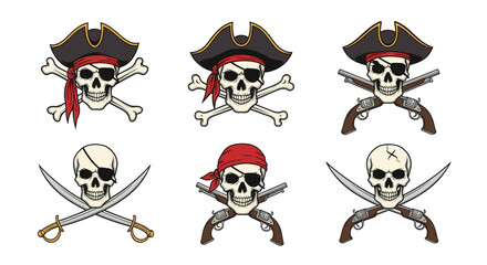 A diverse collection of six pirate skull illustrations, each featuring classic elements like eye patches, bandanas, hats, and various crossed weapons or bones.