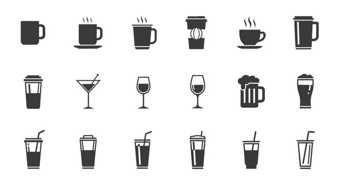 A comprehensive collection of various beverage icons, featuring hot coffee, tea, alcoholic drinks, and refreshing cold beverages, ideal for menus and digital designs.