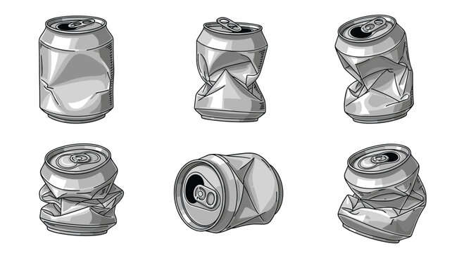 An illustration featuring a collection of six crumpled and dented aluminum beverage cans, showcasing their damaged state for recycling, isolated on a white background.