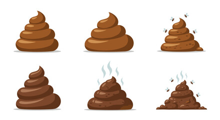 A collection of cartoon illustrations depicting brown poop piles in various forms, some steaming or attracting flies, on a clean white background.