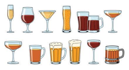 A diverse collection of popular alcoholic beverages displayed in various glass types, suitable for menus, bar themes, and drink-related designs.