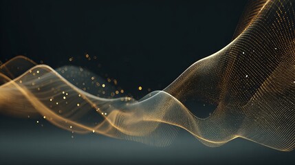 Captivating golden particles flow like abstract waves, creating a mesmerizing, ethereal, and luxurious backdrop for dynamic presentations or sophisticated branding.