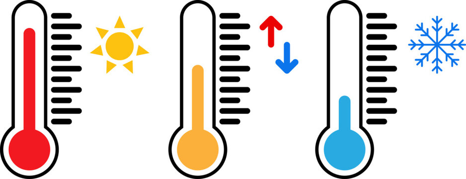 Three thermometers showing hot cold and moderate temperatures