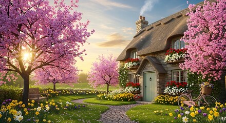 Idyllic cottage with blooming pink cherry blossom trees and colorful spring flowers in a sunlit garden