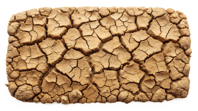 Dry cracked earth isolated on transparent background, representing drought, climate change, and desertification