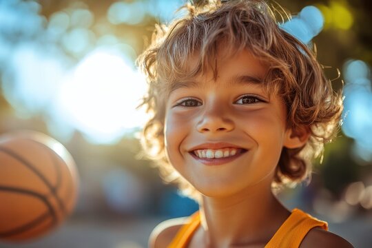 Joyful young boy smiling while holding a basketball outdoors on a sunny day - Powered by Adobe