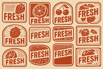 Retro fresh produce labels with fruit icons in rustic style