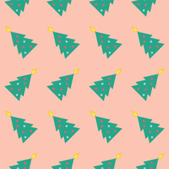 Seamless pattern of Christmas tree - candles on pink background for holiday decor and festive celebrations