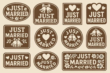 Vintage style just married signs with floral and bell designs in brown and white