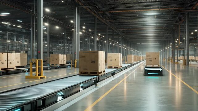 高効率な無人搬送車が行き交う工場内部空間