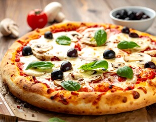 Appetizing pizza topped with mushrooms, olives, basil on a rustic wooden surface