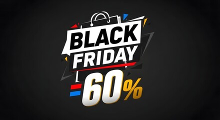 Obraz premium Black friday sale promotion with sixty percent discount on a dark background with shopping bag icon